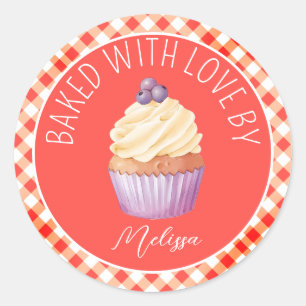 Baked With Love Cupcakes Red Plaid Personalised Classic Round Sticker