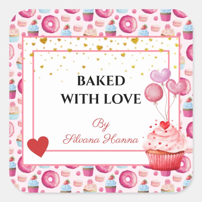 Baked with Love - Cute Cupcakes & Doughnuts  Square Sticker (Front)