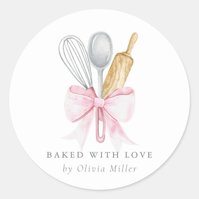 Baked With Love Elegant Pink Bow Personalised  Classic Round Sticker (Front)