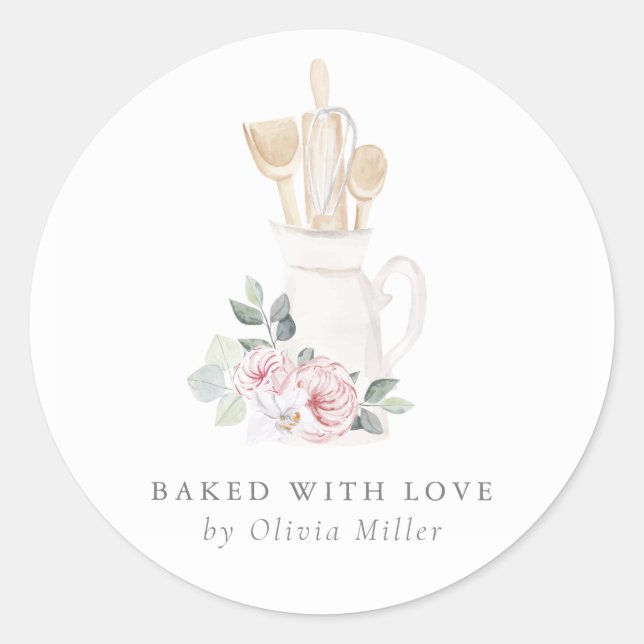Baked With Love Elegant Pink Bow Personalised Classic Round Sticker (Front)
