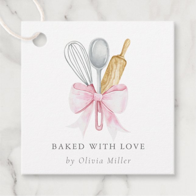 Baked With Love Elegant Pink Bow Personalised  Favour Tags (Front)