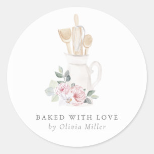 Baked With Love Elegant Pink Bow Personalized Classic Round Sticker