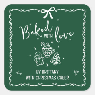 Baked With Love Green Christmas Hand Drawn Doodles Square Sticker