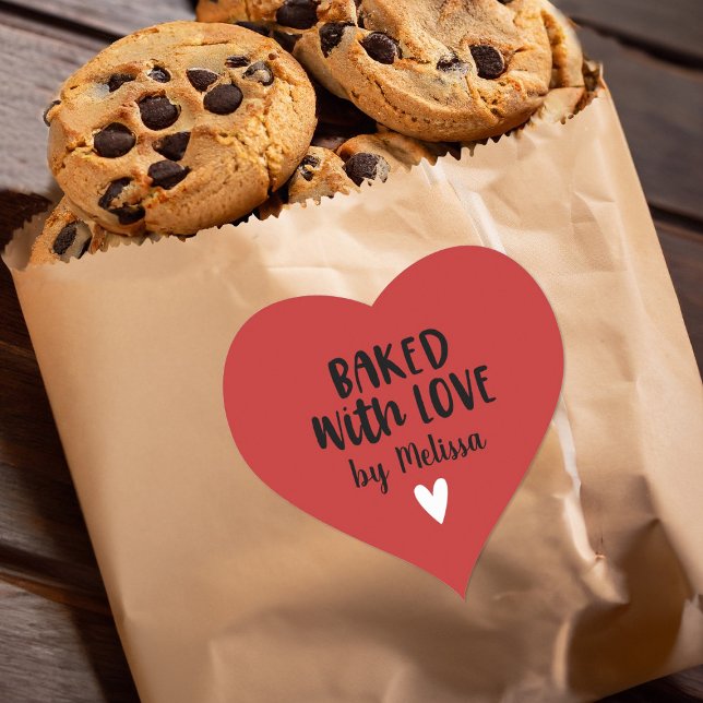 Baked with Love Homemade Red Heart Sticker (A cute red baked with love sticker is perfect for decorating your treat bags.)