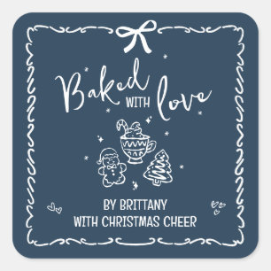 Baked With Love Navy Christmas Hand Drawn Doodles Square Sticker