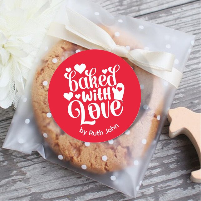 Baked With Love Personalised Holiday Red Baking Classic Round Sticker (Creator Uploaded)