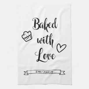 Baked with Love Personalised Name Black & White Tea Towel