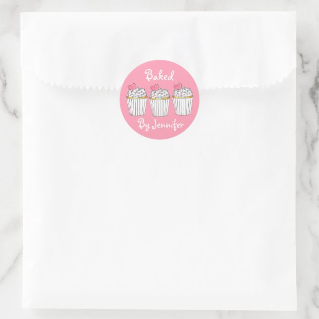 Baked with Love Personalised Pink Cupcake Heart Classic Round Sticker (Bag)