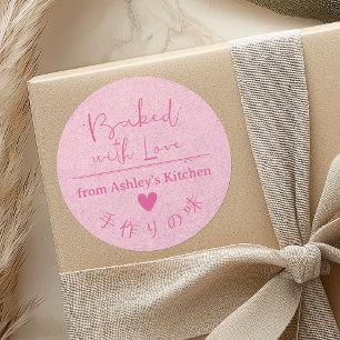 Baked with Love Pink Kraft Heart Rustic Hand Drawn Classic Round Sticker