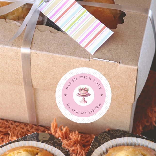 Baked With Love Pink Polka Dot Business Sticker (Creator Uploaded)