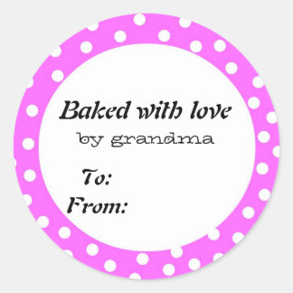 Baked with love pink polka dot classic round sticker