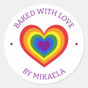 Baked With Love Rainbow Heart Custom Name Classic Round Sticker