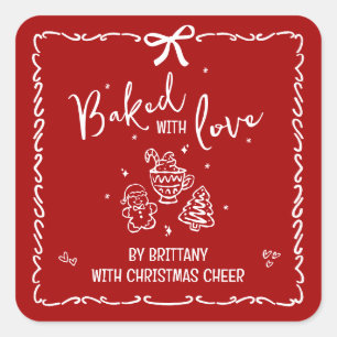 Baked With Love Red Christmas Hand Drawn Doodles Square Sticker