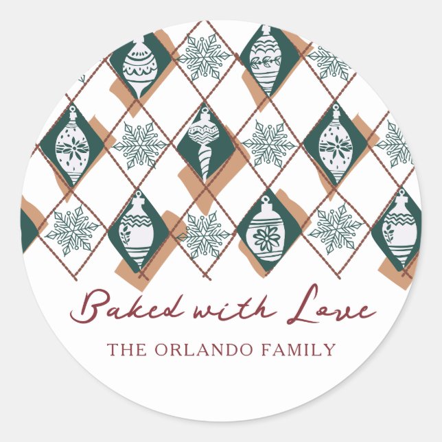 Baked with Love Red Green Christmas Holiday Baking Classic Round Sticker (Front)