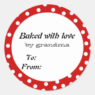 Baked with love red polka dot classic round sticker