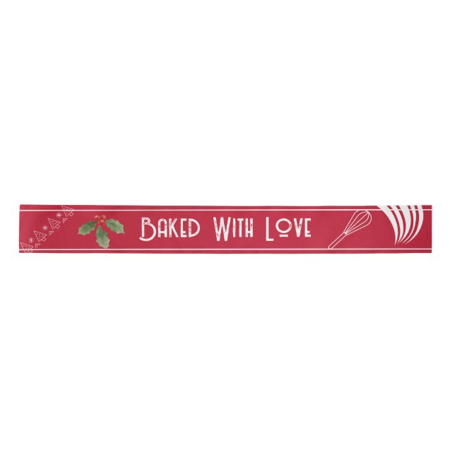 Baked with Love Typography Christmas Holiday Red Satin Ribbon (Front)