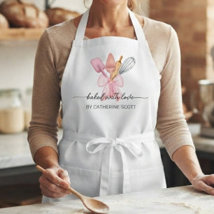 Baked with love watercolor baking utensils pink standard apron