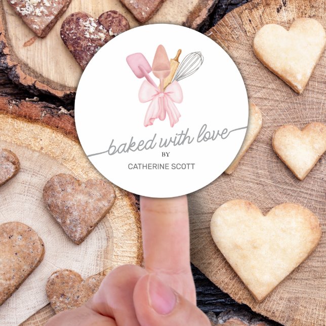 Baked with love watercolor personalised classic round sticker (Creator Uploaded)