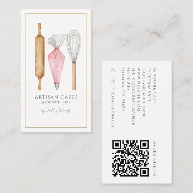 Baker Bakery Baking Utensils QR Code Business Card (Front/Back)