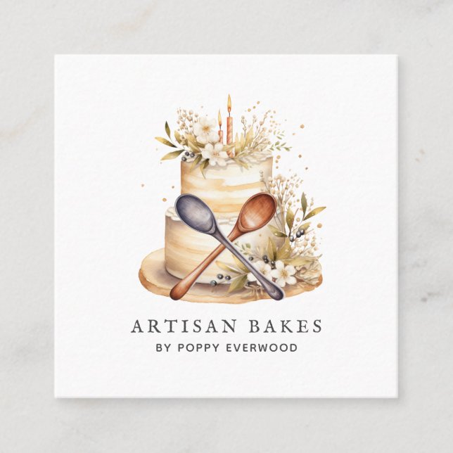 Baker Bakery Pastry Chef Cake Utensils Square Business Card (Front)