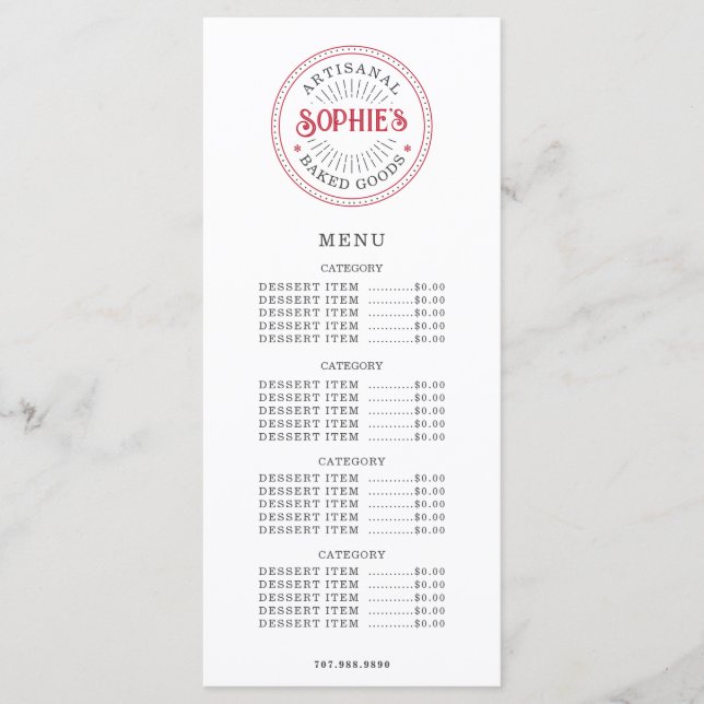 Baker Bakery Pastry Chef Catering Flat Menu (Front)