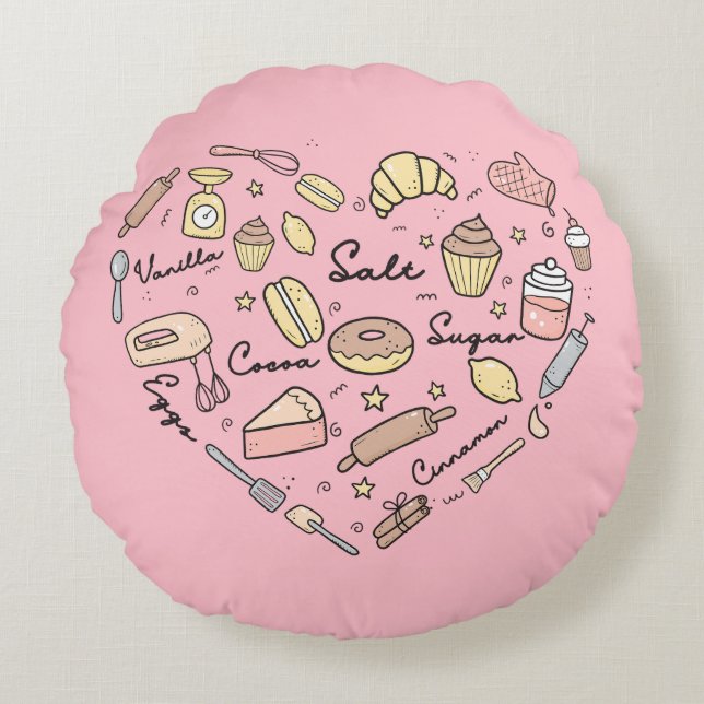 Baker Heart Funny Bakery Baking Pastry Chef Round Cushion (Front)