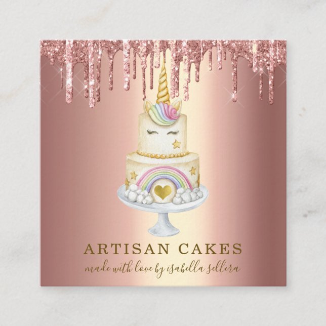 Baker Pastry Chef Glitter Drips Rose Gold Cake Square Business Card (Front)