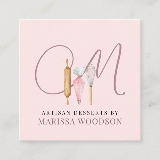 Baker Pastry Chef Pink Bakers Tools Square Business Card (Front)