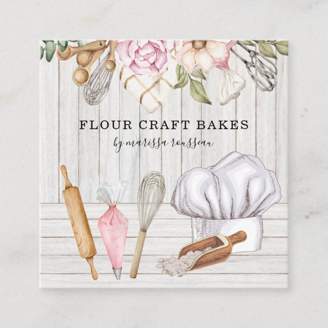Baker Pastry Chef Watercolor Baking Tools  Square Business Card (Front)