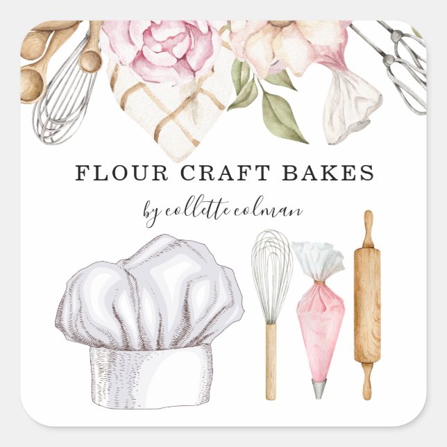Baker Pastry Chef Watercolor Baking Tools Square S Sticker (Front)