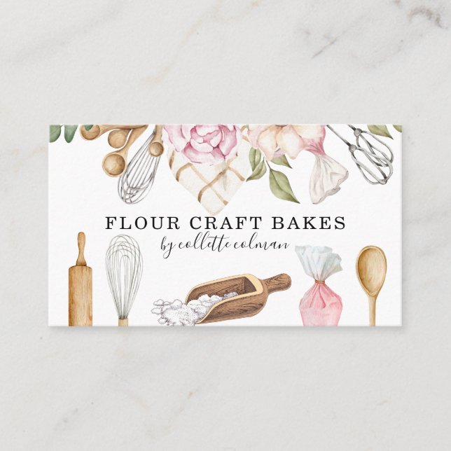 Baker Pastry Chef Watercolor Floral Tools Business Card (Front)