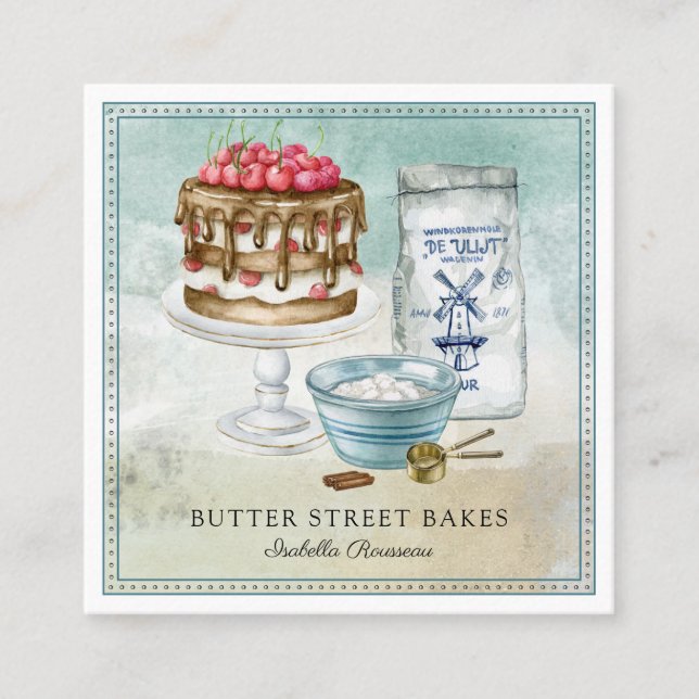 Baker Pastry Chef  Watercolor Square Business Card (Front)