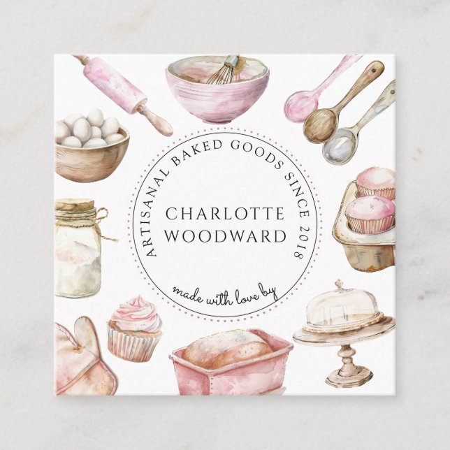 Baker Pink Watercolor Desserts Utensils  Square Business Card (Front)