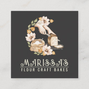 Baker's Bakery Bread And Flour Floral Black Square Business Card
