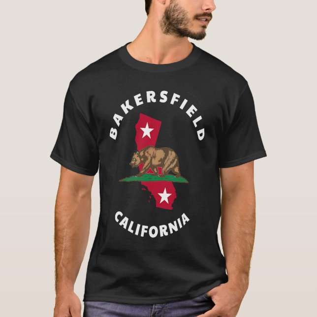 Bakersfield California CA Flag and Bear Badge Souv T-Shirt (Front)