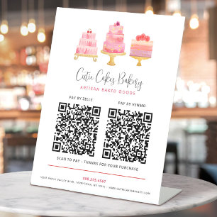 Bakery 3 Blush Pink Cakes 2 QR Codes Pay Here Cute Pedestal Sign