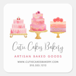 Bakery 3 Blush Pink Cakes Dessert Pastry Chef Cute Square Sticker