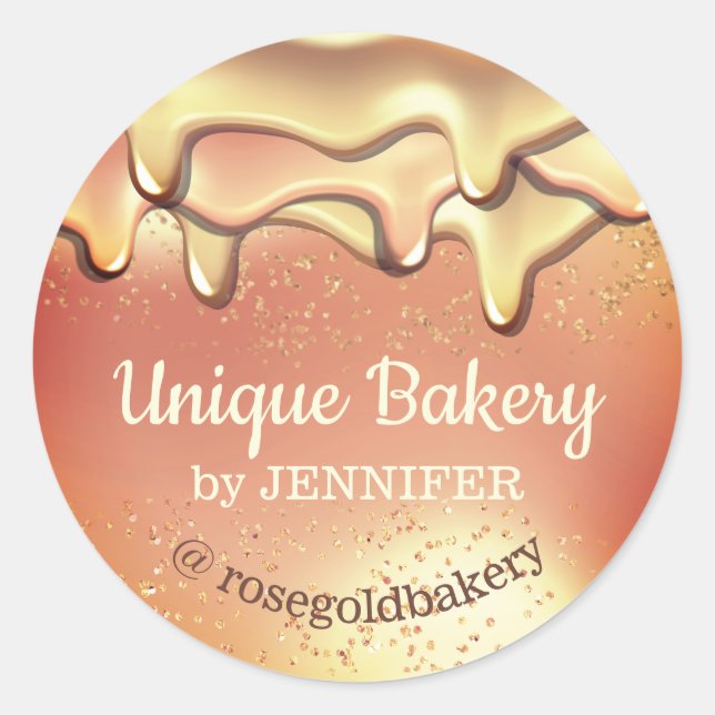 Bakery Abstract Rose Gold Dripping honey Classic Round Sticker (Front)