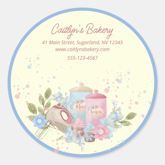 Bakery and Pastry Shop Personalised Blue Edge  Classic Round Sticker (Front)