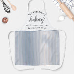 Bakery, Bake Fresh Daily White and Blue Stripes Apron<br><div class="desc">Make this beautiful apron your own by adding your own name,  family name or company name,  as well as two more personalised ares for your text.Design with gorgeous "Bakery" script in hand written calligraphy and white and blue stripe pattern. Great custom gift idea!</div>