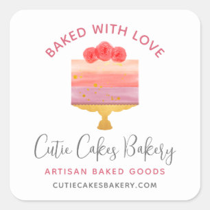 Bakery Baked With Love Pink Purple Dessert Cake Square Sticker