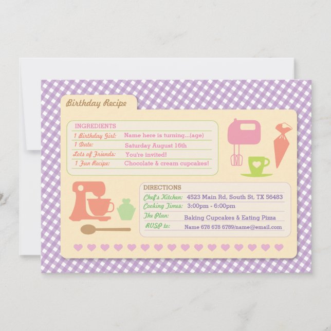Bakery Baking Recipe Card Birthday Party invite (Front)
