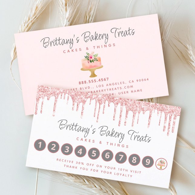 Bakery Blush Pink Cake Glitter Drips Pastry Chef Loyalty Card (Creator Uploaded)