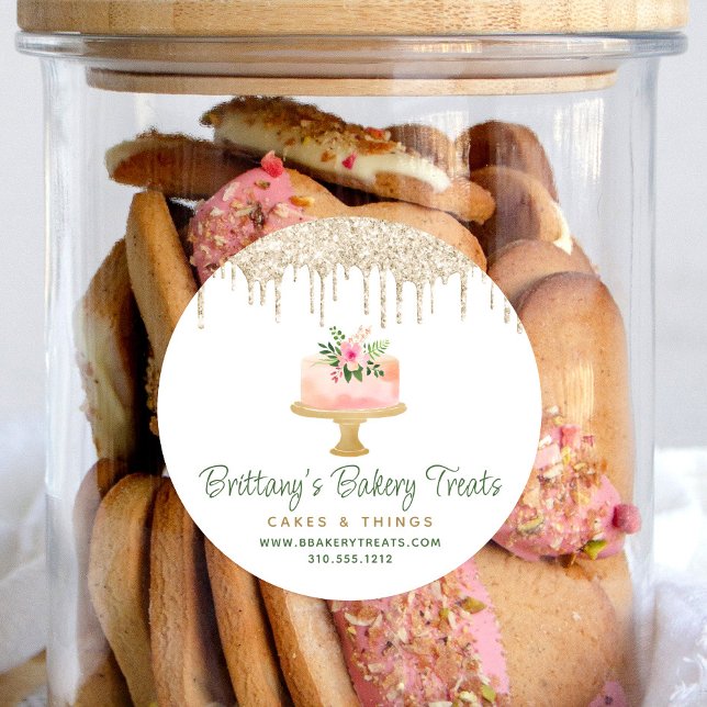 Bakery Blush Pink Cake Gold Glitter Drips Dessert Classic Round Sticker (Creator Uploaded)