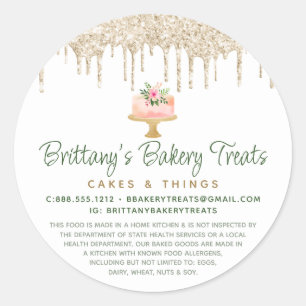 Bakery Blush Pink Cake Gold Glitter Drips Legal Classic Round Sticker