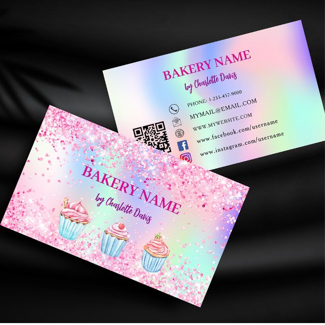 Bakery blush pink purple cupcakes pastry QR code Business Card (Creator Uploaded)