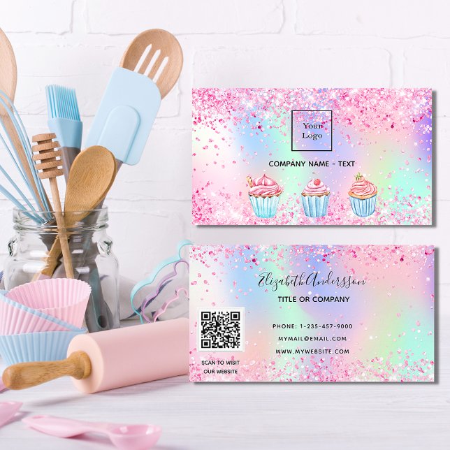Bakery blush pink purple glitter dust QR code logo Business Card (Creator Uploaded)