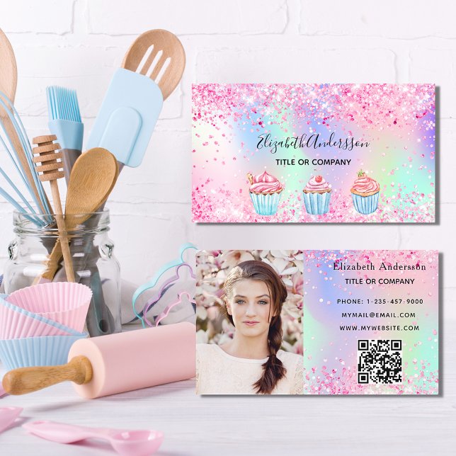 Bakery blush pink purple glitter photo QR code Business Card (Creator Uploaded)