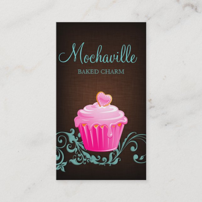 Bakery Business Card Cupcake Linen Brown Blue 2 (Front)