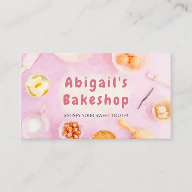 Bakery Business Card - Cute Pink Pastel Watercolor (Front)
